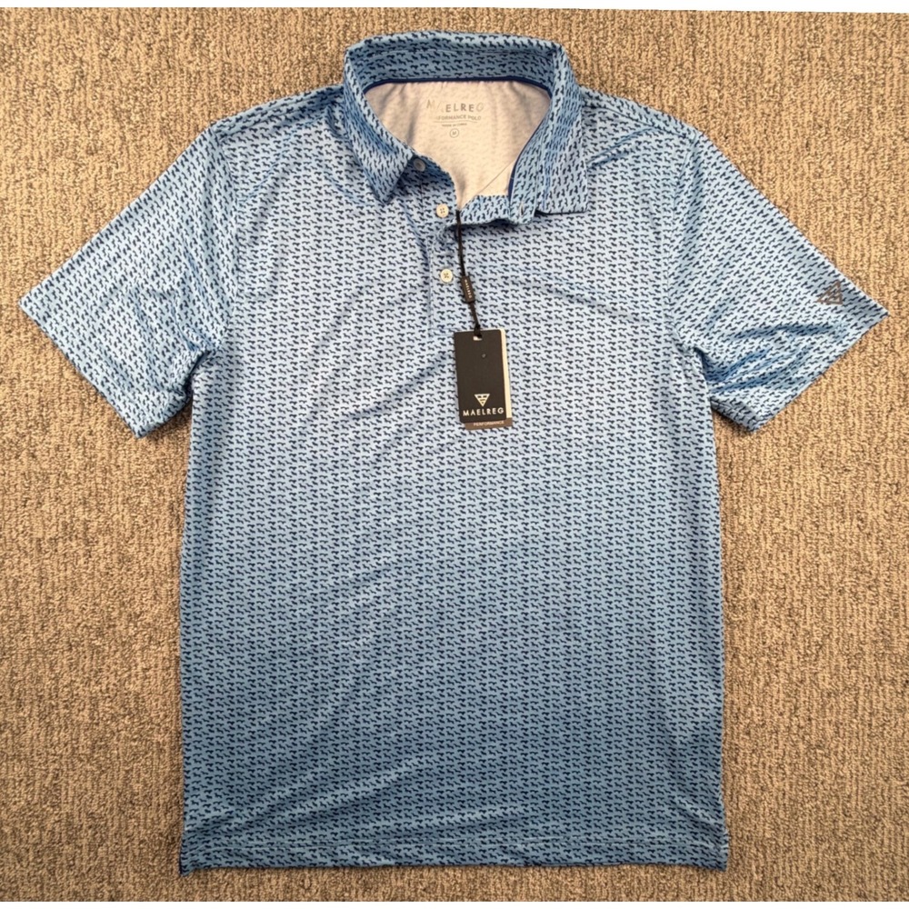 MAELREG Performance Polo Men M Blue Dachshund Dog Print Short Sleeve Golf Shirt